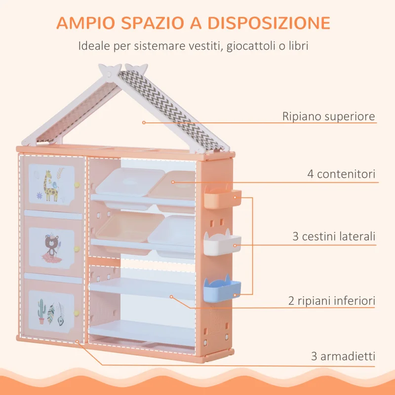 Easycomfort Armadio Cameretta, Mobile Portagiochi con 4 Contenitori, 3 Armadietti e Mensole in PE Arancione, 128x34x155cm - Image 4