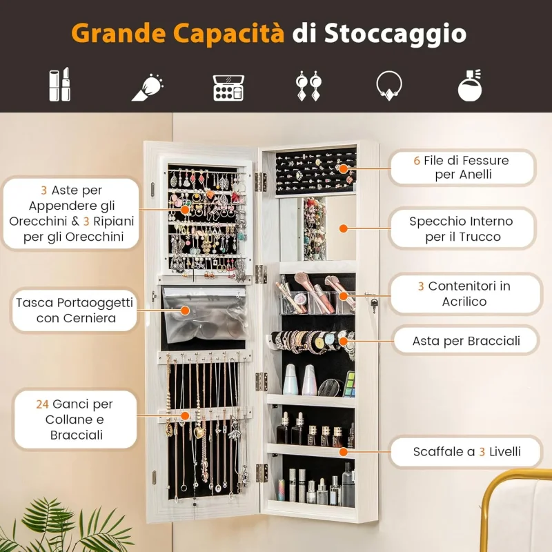 Armadietto Portagioie da Parete, Specchio Portagioie con Luci LED, Contenitore per Gioie Salvaspazio con Serratura e 3 Ripiani, Specchiera Portagioie a Muro, 40 x 12,5 x 120 cm - Image 3