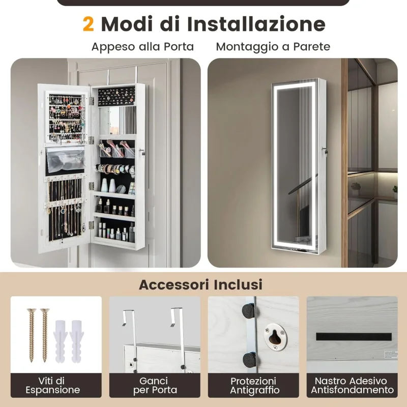 Armadietto Portagioie da Parete, Specchio Portagioie con Luci LED, Contenitore per Gioie Salvaspazio con Serratura e 3 Ripiani, Specchiera Portagioie a Muro, 40 x 12,5 x 120 cm - Image 4
