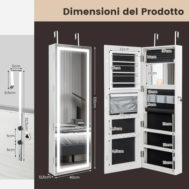 Armadietto Portagioie da Parete, Specchio Portagioie con Luci LED, Contenitore per Gioie Salvaspazio con Serratura e 3 Ripiani, Specchiera Portagioie a Muro, 40 x 12,5 x 120 cm - Image 5
