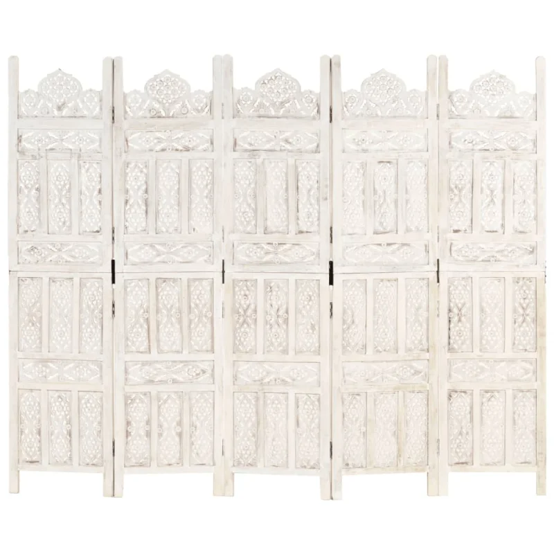 Divisorio 5 Pannelli Intagliato Bianco 200x165cm Mango Massello 285320 - Image 6