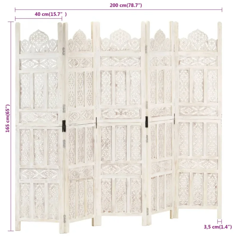 Divisorio 5 Pannelli Intagliato Bianco 200x165cm Mango Massello 285320 - Image 7
