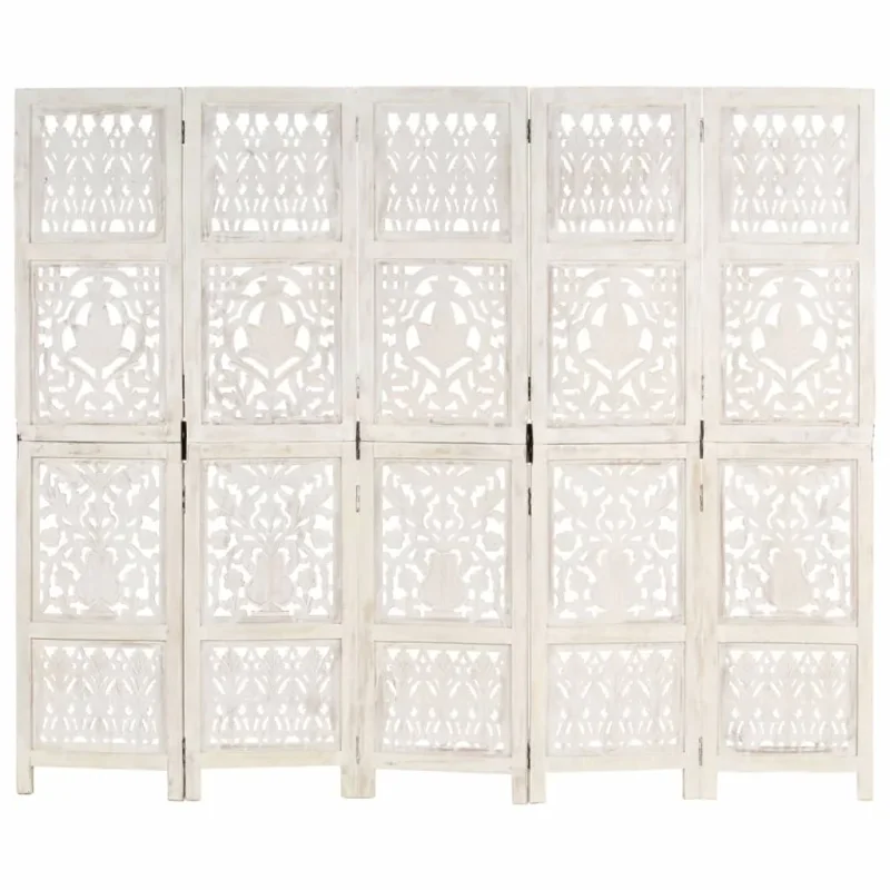 Divisorio 5 Pannelli Intagliato Bianco 200x165cm Mango Massello 285331 - Image 6