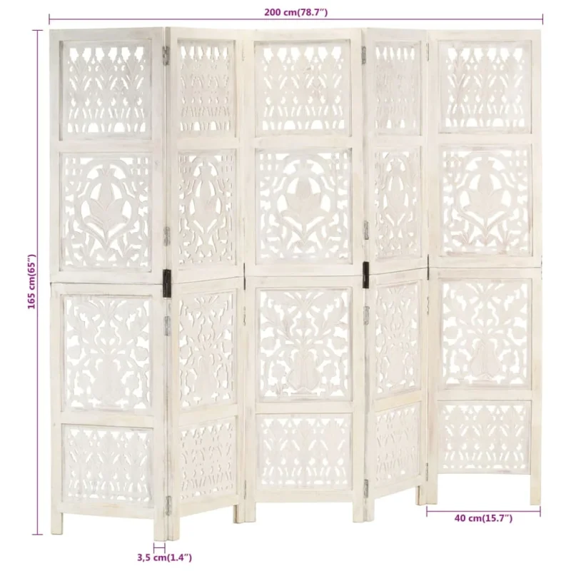 Divisorio 5 Pannelli Intagliato Bianco 200x165cm Mango Massello 285331 - Image 7