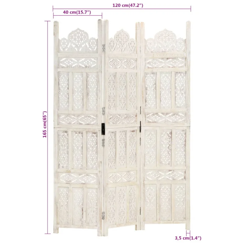 Divisorio 3 Pannelli Intagliato Bianco 120x165cm Mango Massello cod mxl 71036 - Image 7