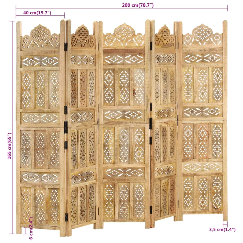 Divisorio a 5 Pannelli Intagliato 200x165cm Massello di Mango cod mxl 67184 - Image 7