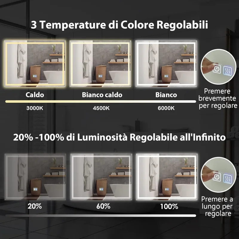 Specchio LED per Bagno, Specchio da Parete con Luminosità e Temperatura Colore Regolabili, Interruttore a Sfioramento e Funzione Anti-appannamento (Rettangolare 80 x 60 cm) - Image 4