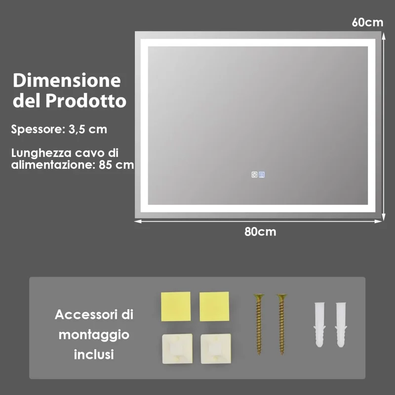 Specchio LED per Bagno, Specchio da Parete con Luminosità e Temperatura Colore Regolabili, Interruttore a Sfioramento e Funzione Anti-appannamento (Rettangolare 80 x 60 cm) - Image 5