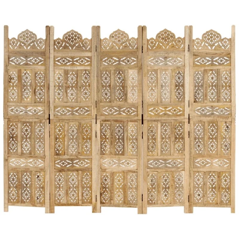 Divisorio a 5 Pannelli Intagliato 200x165cm Massello di Mango 285317 - Image 6