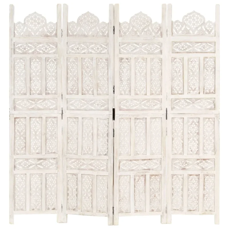 Divisorio 4 Pannelli Intagliato Bianco 160x165cm Mango Massello 285319 - Image 6