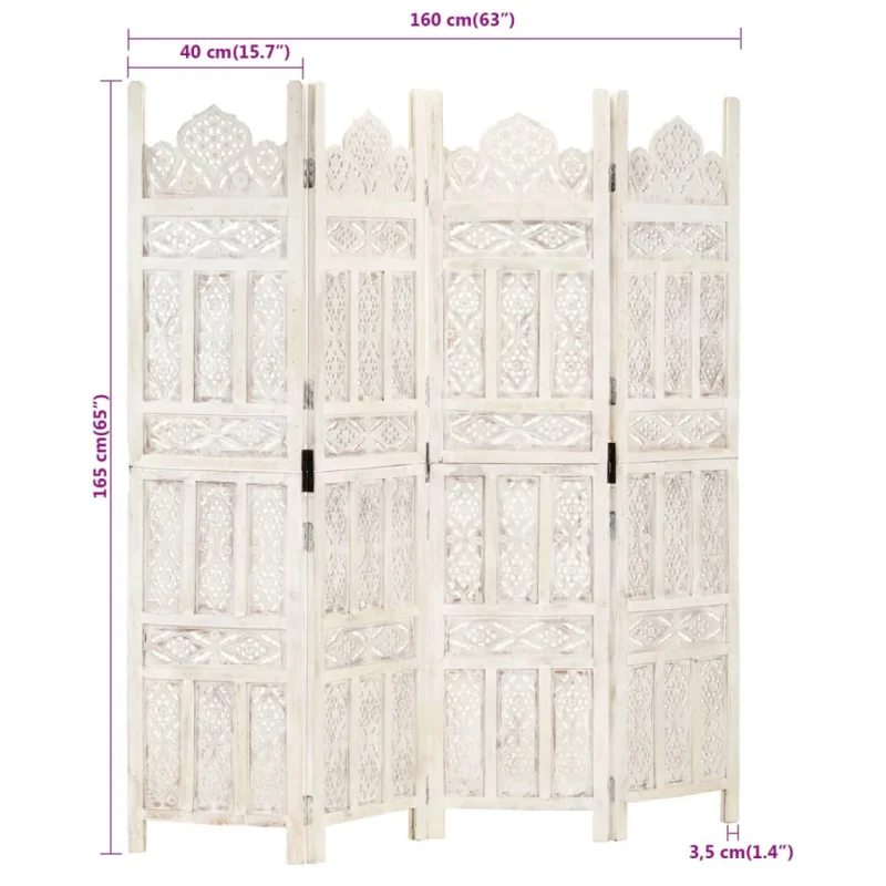 Divisorio 4 Pannelli Intagliato Bianco 160x165cm Mango Massello 285319 - Image 7