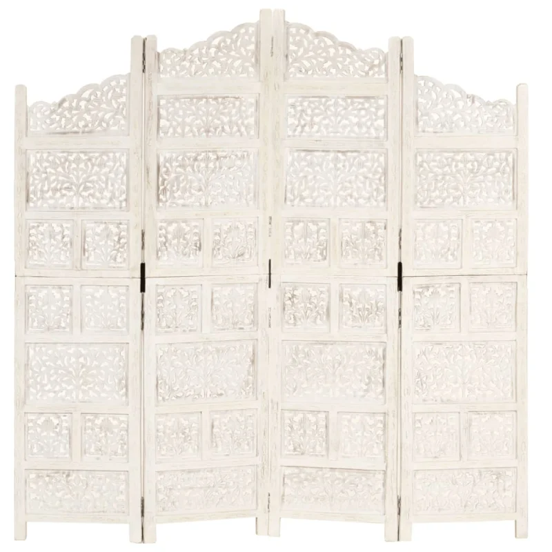 Divisorio 4 Pannelli Intagliato Bianco 160x165cm Mango Massello 285327 - Image 6