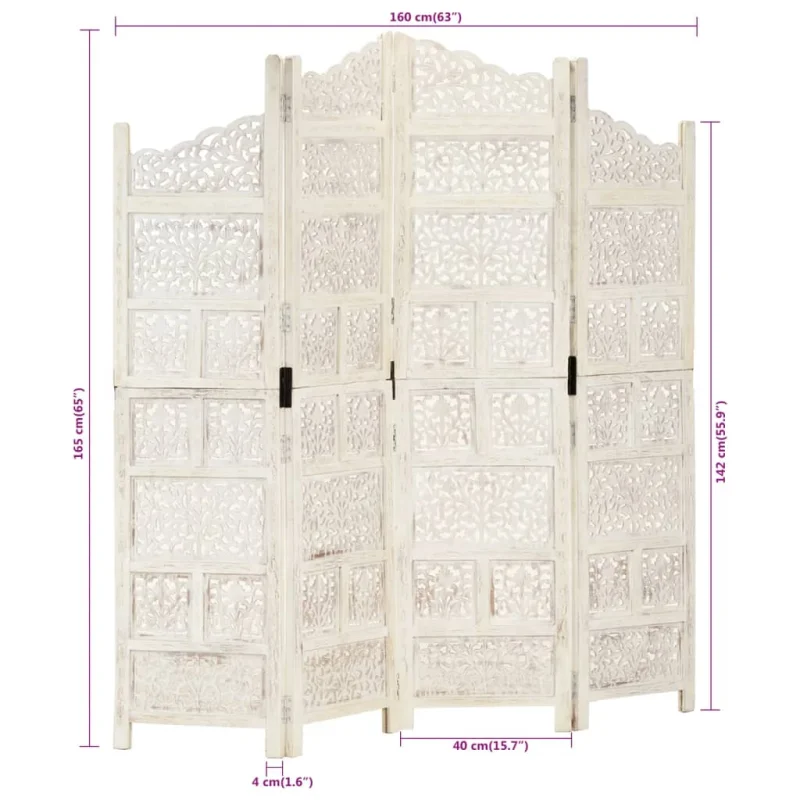 Divisorio 4 Pannelli Intagliato Bianco 160x165cm Mango Massello 285327 - Image 7