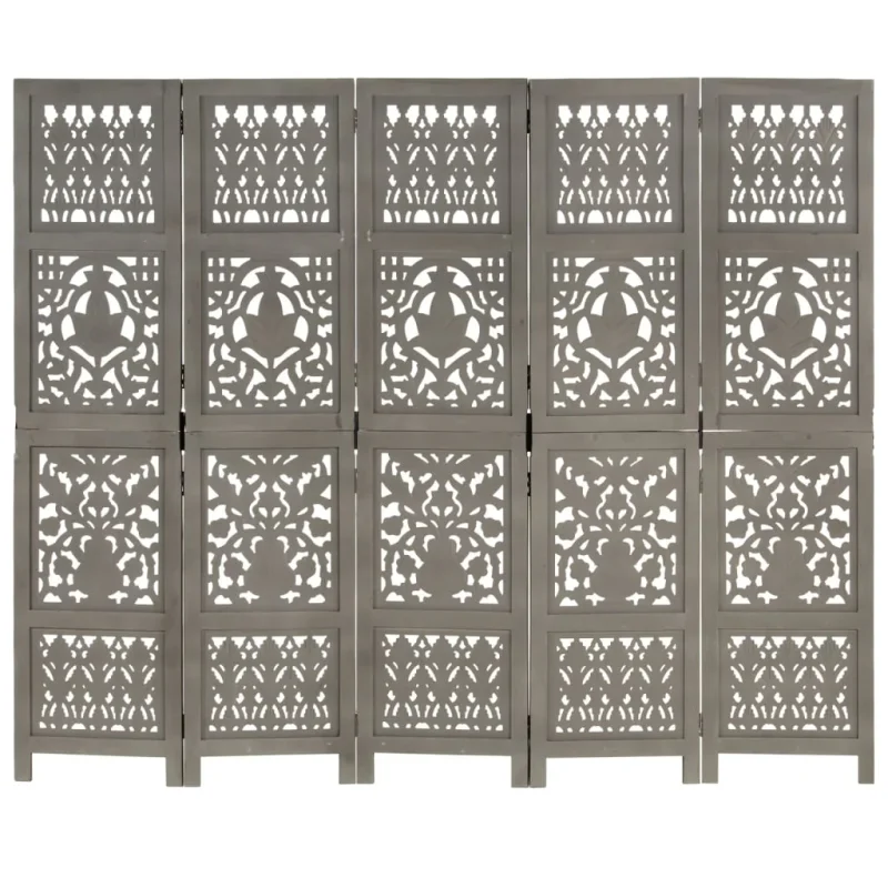 Divisorio 5 Pannelli Intagliato Grigio 200x165cm Mango Massello 285333 - Image 5