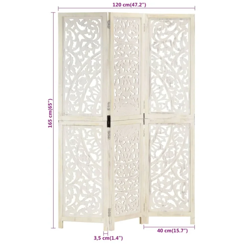 Divisorio 3 Pannelli Intagliato Bianco 120x165cm Mango Massello 285336 - Image 7