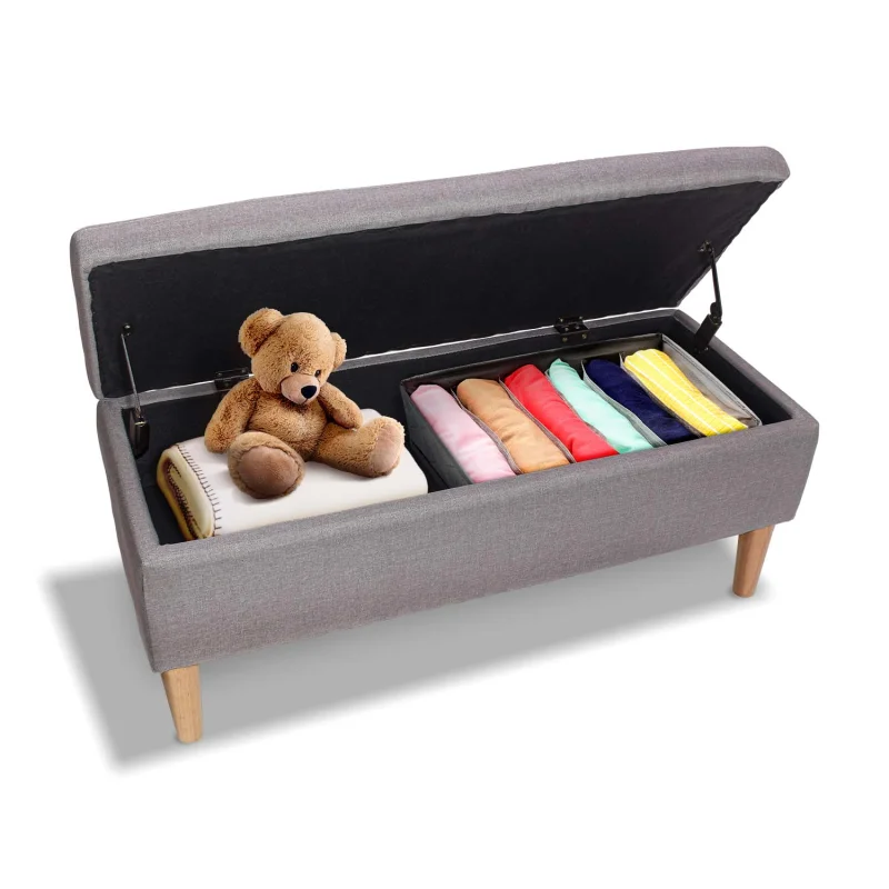 ISTANBUL - Cassapanca ottomana con contenitore da 42L. Panca fondoletto pouf in tessuto con seduta imbottita e piedi in legno di pino colore Tortora - Image 5