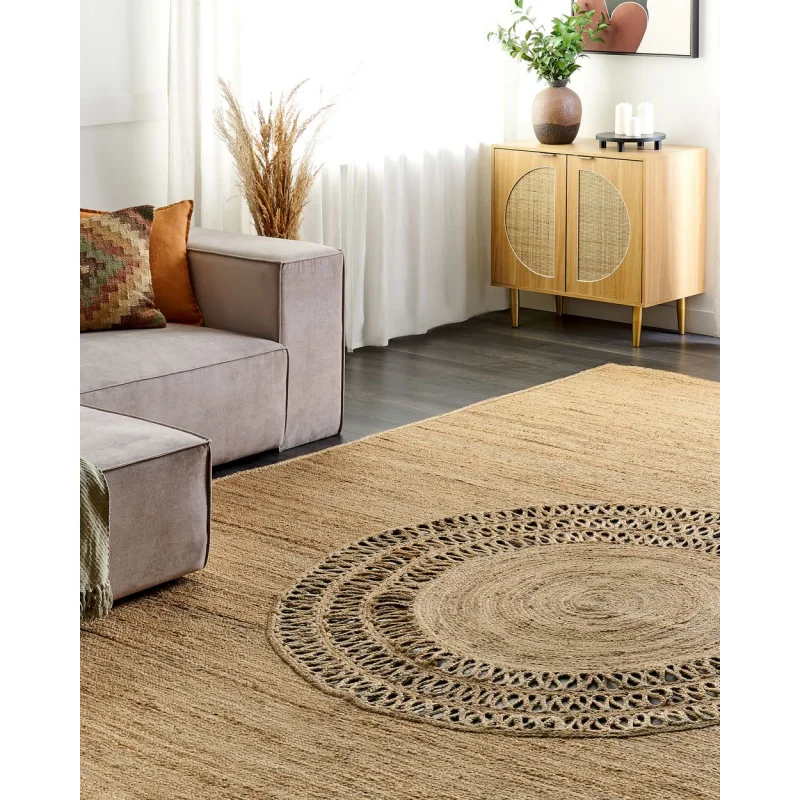 Tappeto in iuta intrecciata naturale in stile bohèmien con motivo intagliato 160 x 230 cm beige soggiorno camera da letto - Image 4