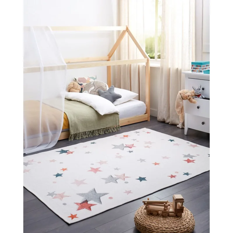 Tappeto per cameretta con motivo a stelle multicolore e bianco 140 x 200 cm pelo corto cameretta - Image 4