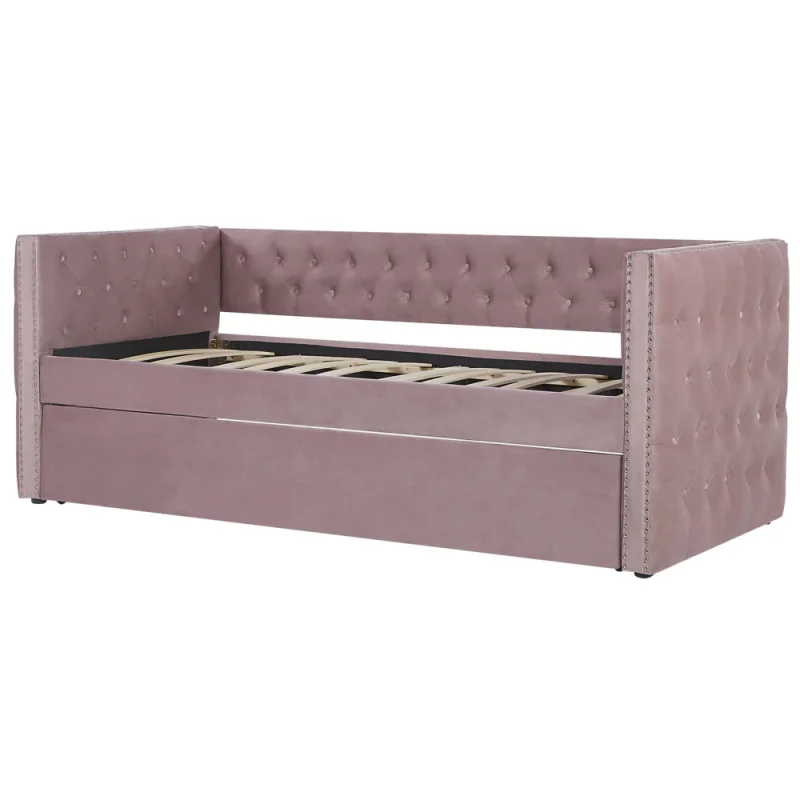 Letto da giorno estraibile Rosa Velluto Taglia unica 90 x 200 con rete a doghe con bottoni abbottonati Rifiniture Glam - Image 4