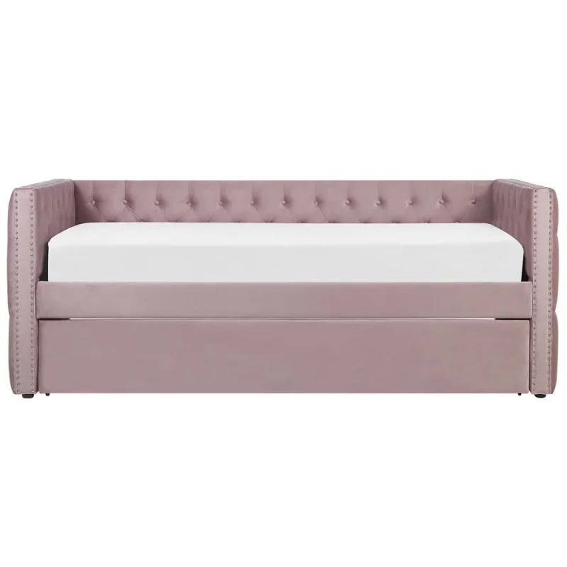Letto da giorno estraibile Rosa Velluto Taglia unica 90 x 200 con rete a doghe con bottoni abbottonati Rifiniture Glam - Image 6