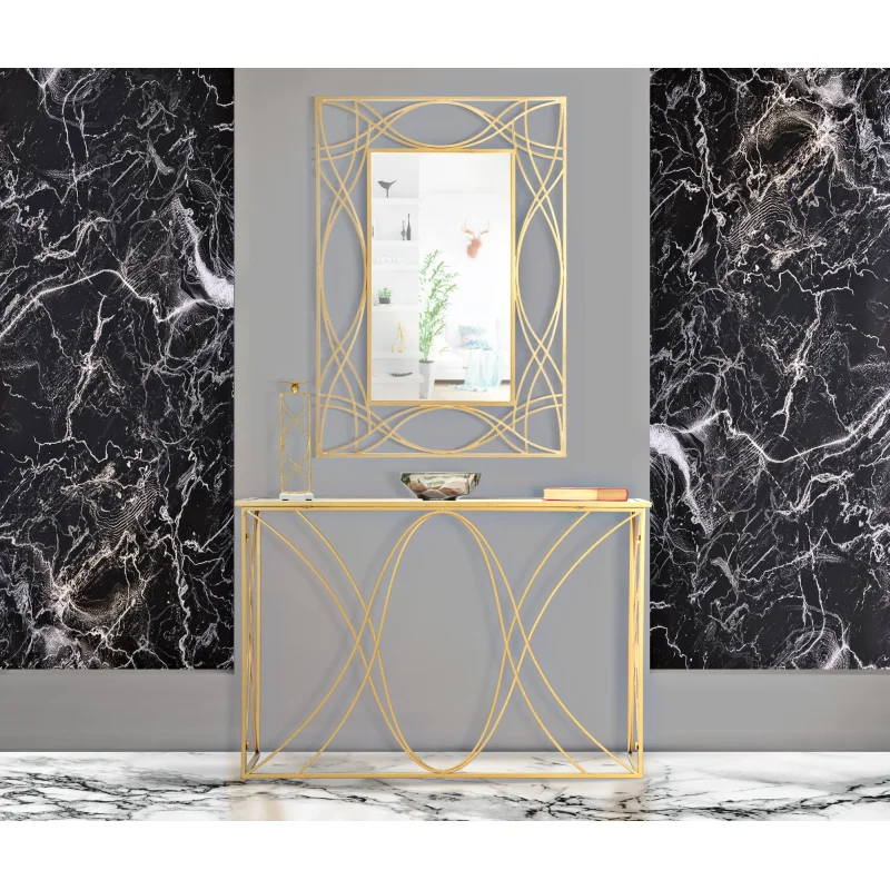 Console elegante, in metallo dorato, con piano in vetro a specchio, colore oro, Misure 40 x 80 x 120 cm - Image 6