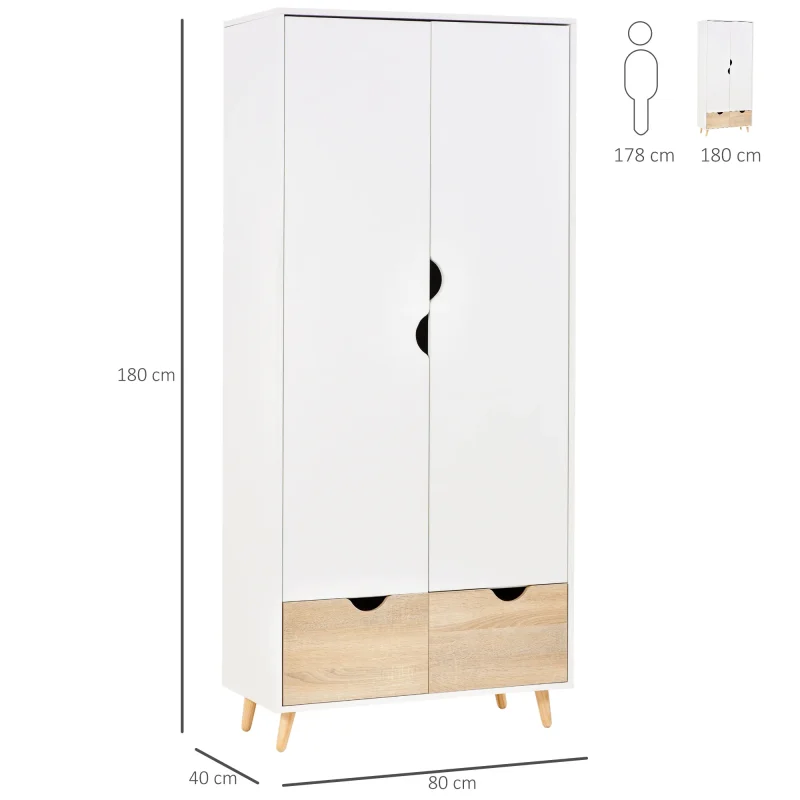 EASYCOMFORT Armadio a Due Ante in Legno con 1 Ripiano, 1 Appendiabiti, 2 Cassetti con Maniglie Intagliate, Bianco 80x40x180cm - Image 3