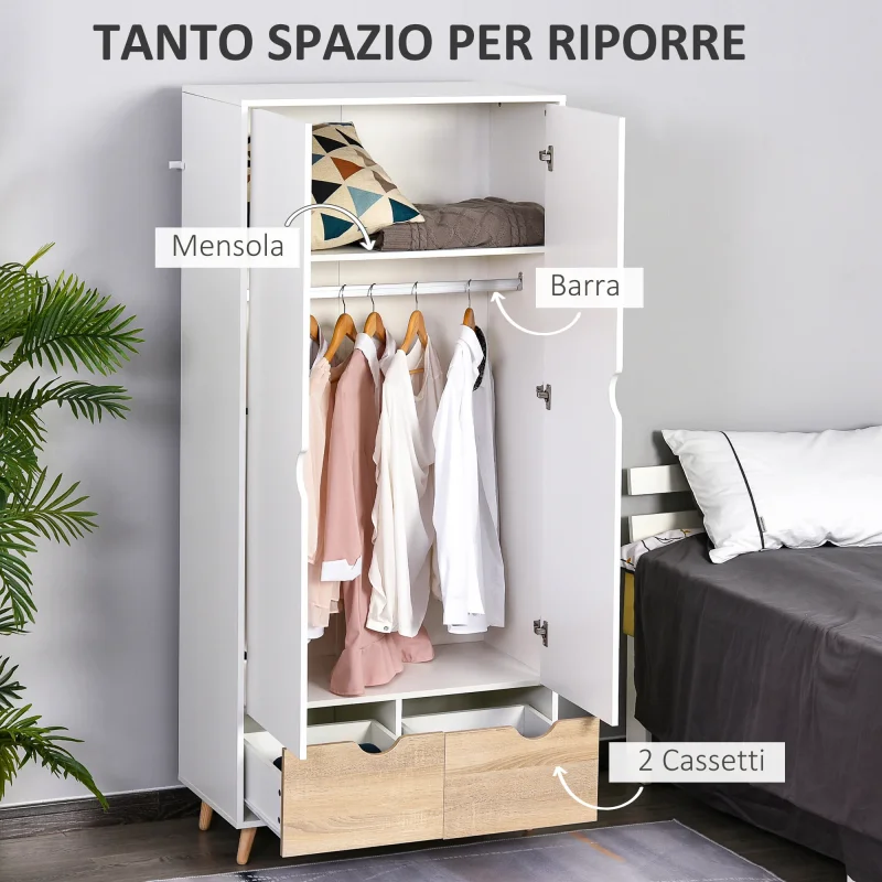 EASYCOMFORT Armadio a Due Ante in Legno con 1 Ripiano, 1 Appendiabiti, 2 Cassetti con Maniglie Intagliate, Bianco 80x40x180cm - Image 4