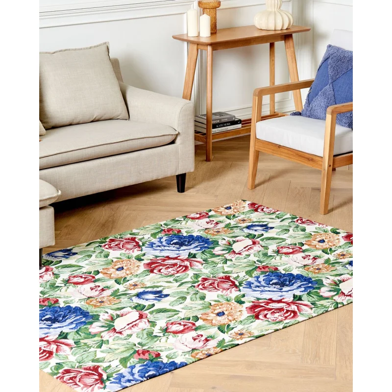 Tappeto multicolore in cotone 140 x 200 cm Motivo floreale a trama piatta Jacquard Tessuto Soggiorno Camera da letto Tradizionale Boho - Image 9