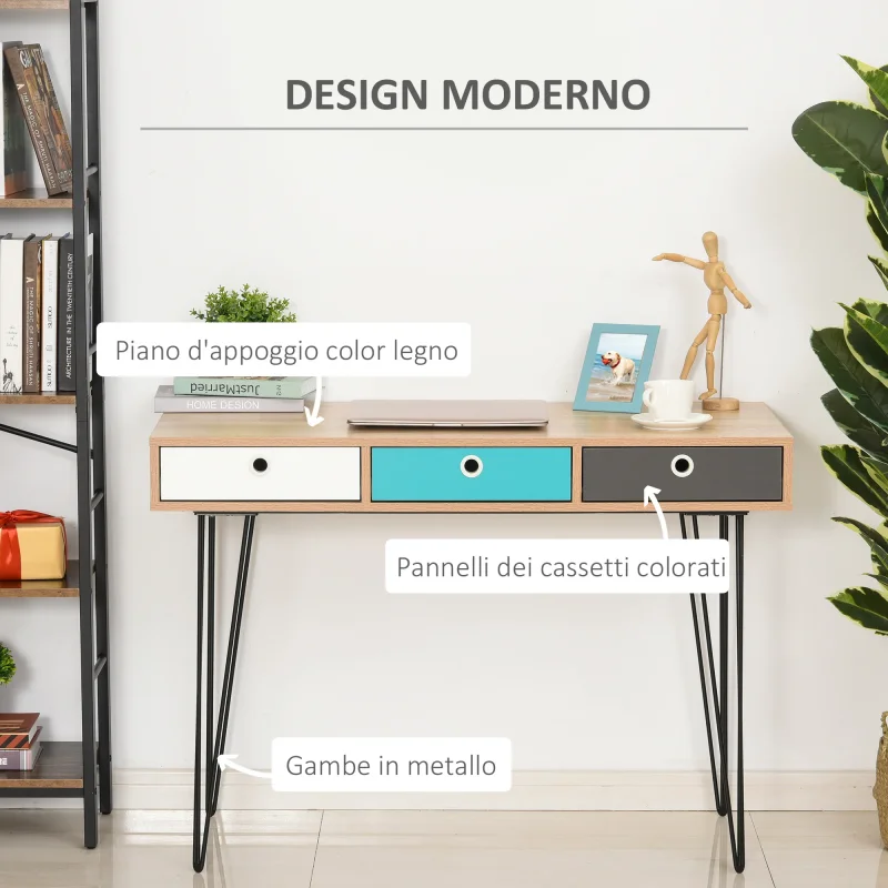EasyComfort Scrivania Moderna con 3 Cassetti Multicolore in Legno e Metallo, Scrivania per Camera e Ufficio in Stile Nordico, 110x50x77.5cm - Image 5