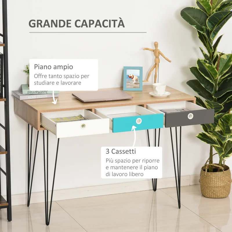 EasyComfort Scrivania Moderna con 3 Cassetti Multicolore in Legno e Metallo, Scrivania per Camera e Ufficio in Stile Nordico, 110x50x77.5cm - Image 6
