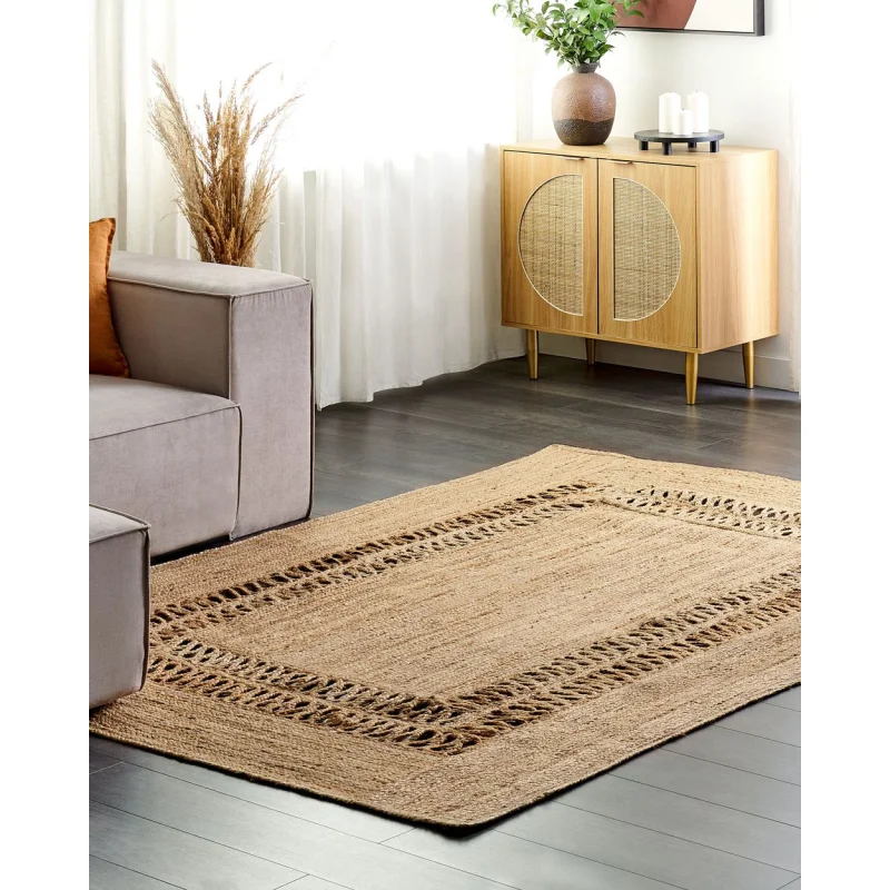 Tappeto in iuta intrecciata naturale in stile bohèmien con motivo intagliato 160 x 230 cm Beige camera da letto soggiorno - Image 3