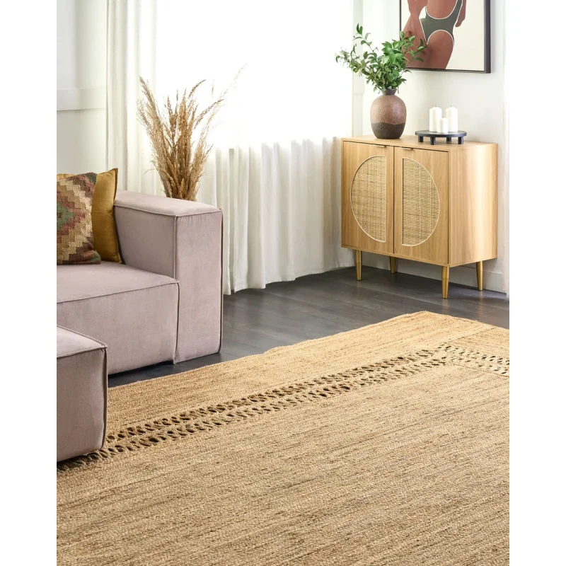 Tappeto in iuta intrecciata naturale in stile bohèmien con motivo intagliato 300 x 400 cm Beige camera da letto soggiorno - Image 4
