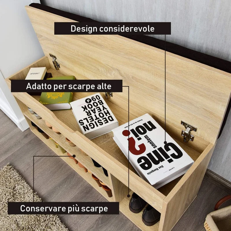 Panca Scarpiera, 103,5 x 48 x 30 cm, Panca Porta Scarpe con tappeto morbido rimovibile e L’unità Contenitore, spazio per 9 paia di scarpe, Colore Naturale Legno - Image 3
