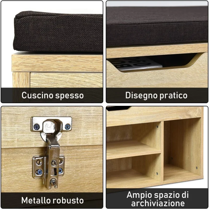 Panca Scarpiera, 103,5 x 48 x 30 cm, Panca Porta Scarpe con tappeto morbido rimovibile e L’unità Contenitore, spazio per 9 paia di scarpe, Colore Naturale Legno - Image 4