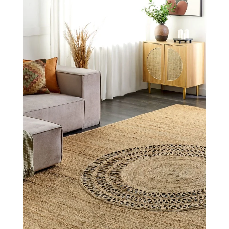 Tappeto in iuta intrecciata naturale in stile bohèmien con motivo intagliato 300 x 400 cm beige soggiorno camera da letto - Image 4