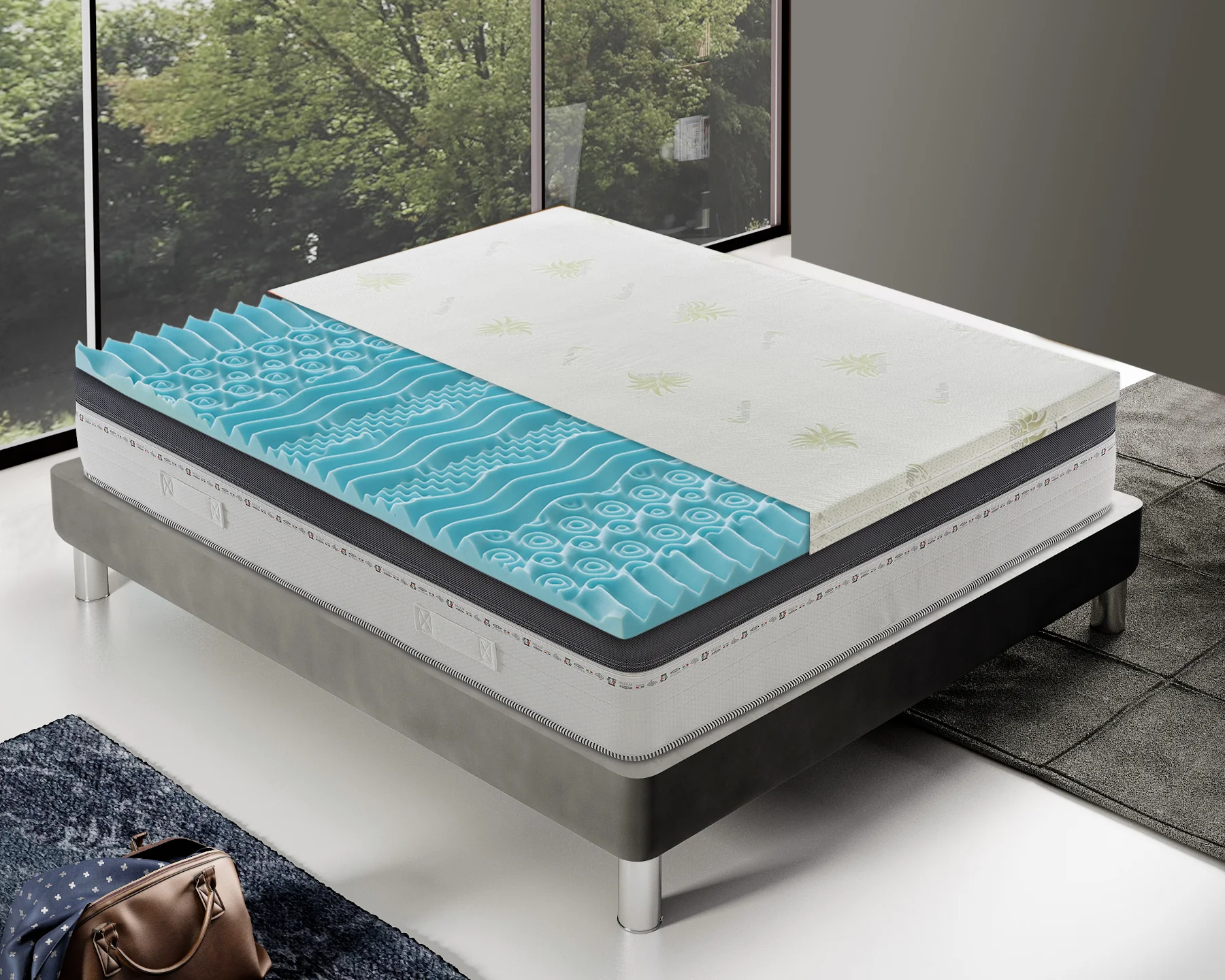 23bfb2d6eeab04545af8e1e78572644e973642962e56591dd8ef99d7f2b72ceb.webp Topper 90x200 in memory foam 5 cm con rivestimento in aloe vera sfoderabile - 9 Zone di Comfort - Image 1