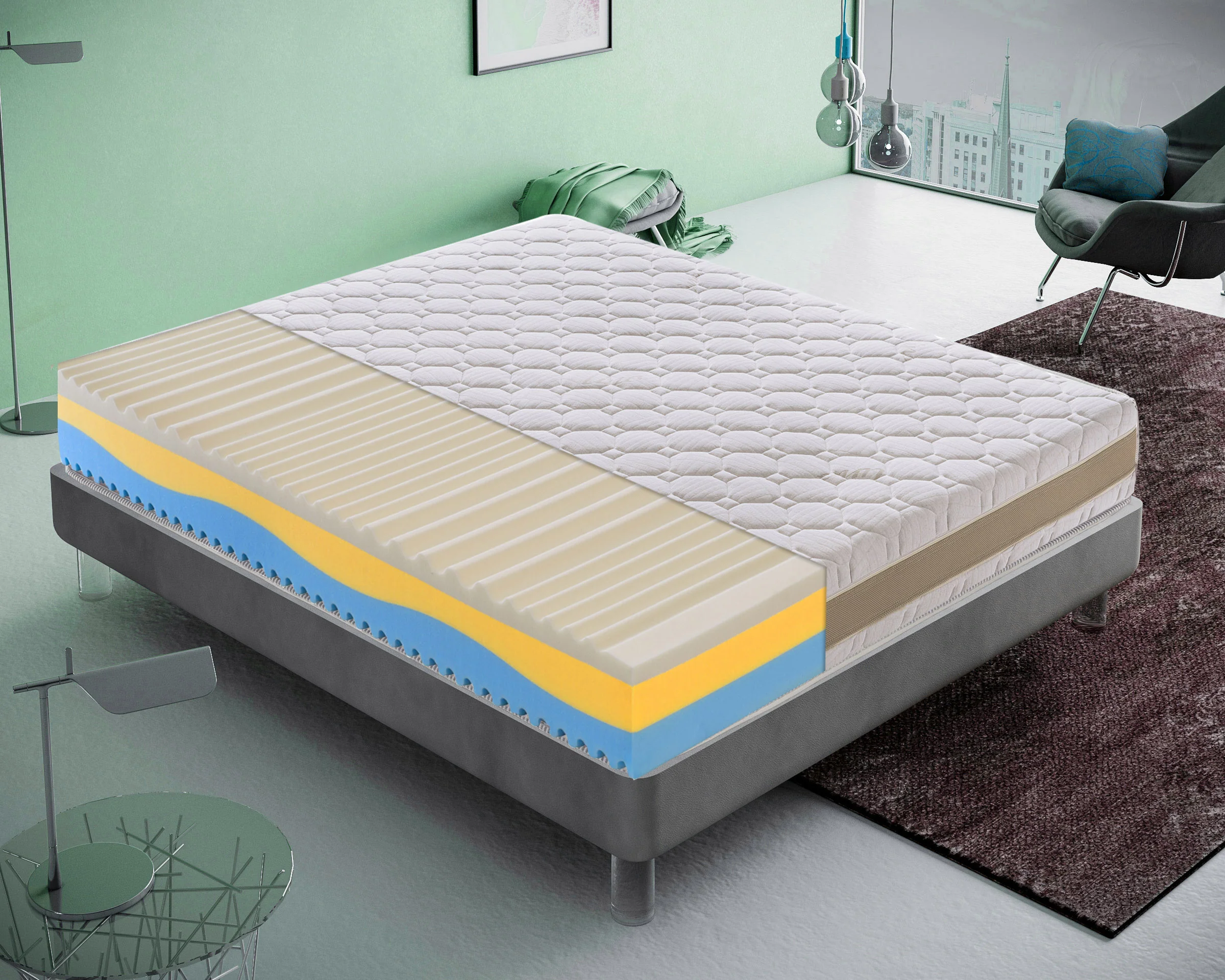 deab9dcd472791ec80c90ab10b82ee9cbd74f7baf6ff7f5949a2a47496574d2f.webp Materasso Piazza e Mezza 140x190 in memory foam, 3 strati, rivestimento sfoderabile, 5 cm di memory foam, 7 zone di comfort - Image 1