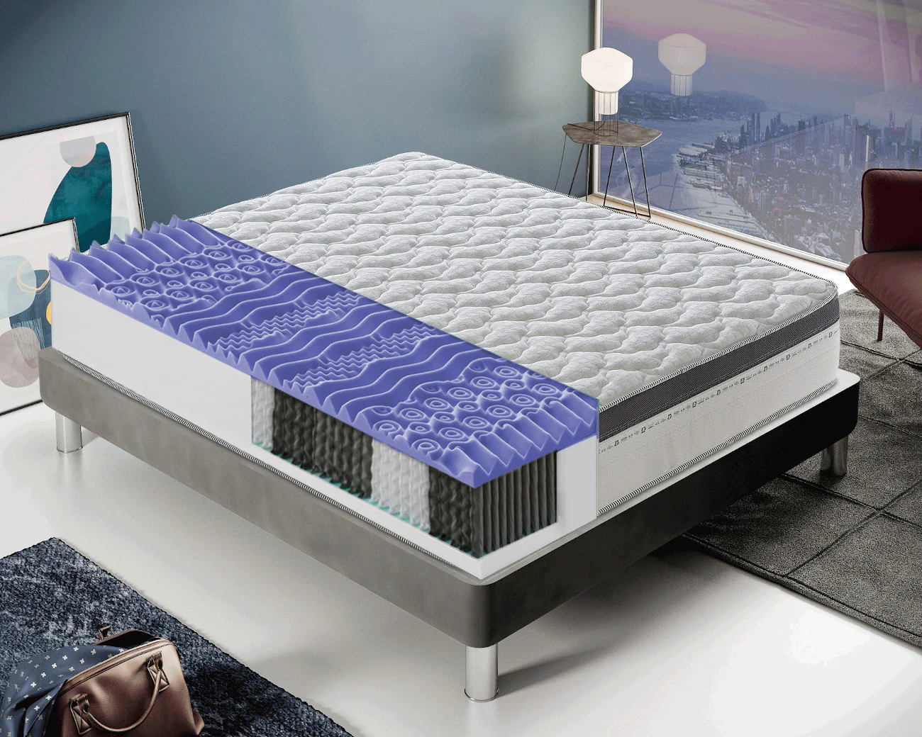 dfc1a87587b3f73fa9a8038c2c66e6acea9342e39fc7b94d3d61d074428bdbae.webp Materasso Piazza e Mezza 120x190 a molle insacchettate e memory foam 13 zone di comfort Alto 27 cm - Image 1